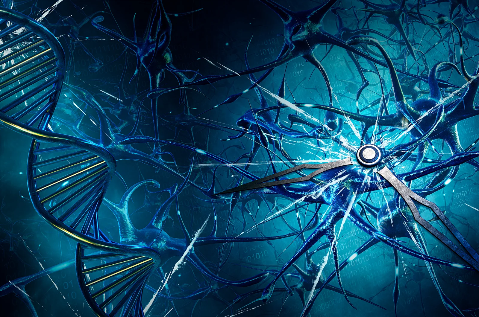 Syncing Back artwork showing a DNA helix and a shattered clock