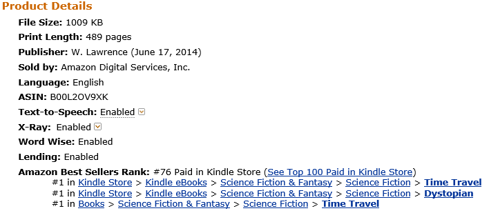 Archived Amazon product details showing Syncing Forward at number 76 in the paid Kindle Store and number one in three Time Travel and Dystopian category listings.
